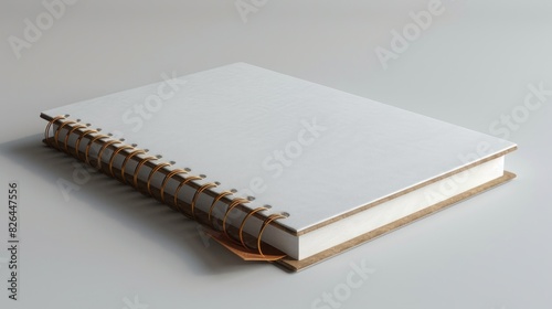 A white notebook laying flat with a shiny gold ring placed on top