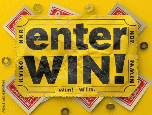 A yellow sign with the words enter win written on it in bold black letters, signaling a chance to participate in a competition or giveaway
