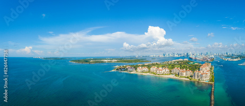 Aerial view of sandy beach and blue ocean, Fisher Island, Miami Beach, Florida, United States. photo