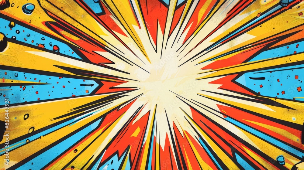 Fototapeta premium Vibrant comic book style explosion with bright colors and dynamic lines, perfectly capturing action and energy.