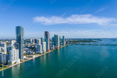 Aerial view of urban skyline with river and skyscrapers, Edgewater, Sunny Isles Beach, Florida, United States.