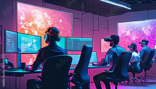 A team of technology professionals intensely working in a modern control room with multiple large screens displaying advanced data and graphics.. AI Generation