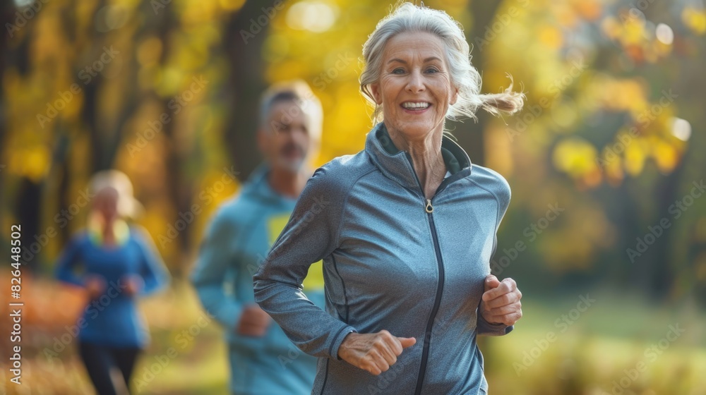 A happy healthy Caucasian elderly woman is jogging for exercise with friends at park. A happy healthy Caucasian elderly woman is jogging for exercise with friends at park.