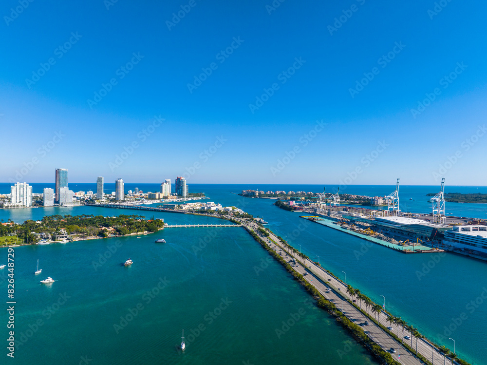Aerial view of Miami Beach coastline and boats, Macarthur Causeway, Florida, United States. Aerial view of Miami Beach coastline and boats, Macarthur Causeway, Florida, United States.