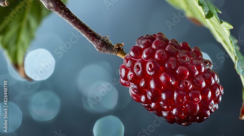 A beautiful close-up image of a ripe red mulberry, hanging from a branch with green leaves. photo