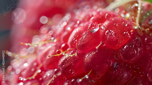 Close-up of a red raspberry with water drops on its surface. The raspberry is in focus  with a blurred background.