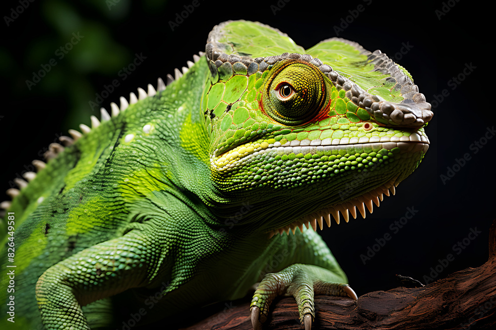 Obraz premium Head of veiled green chameleon, Chamaeleo calyptratus on black background. Clipping path. Realistic animal clipart template pattern. Is carnivore. They mainly eat insects and arthropods.