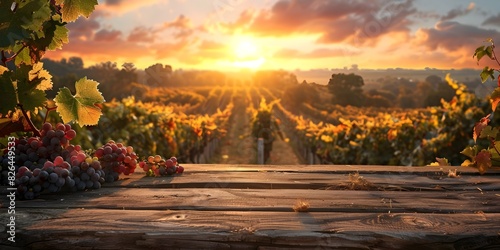 Serene Vineyard Sunset with Empty Wine Tasting Table Scenic Countryside Landscape for Gourmet Food and Beverage Displays