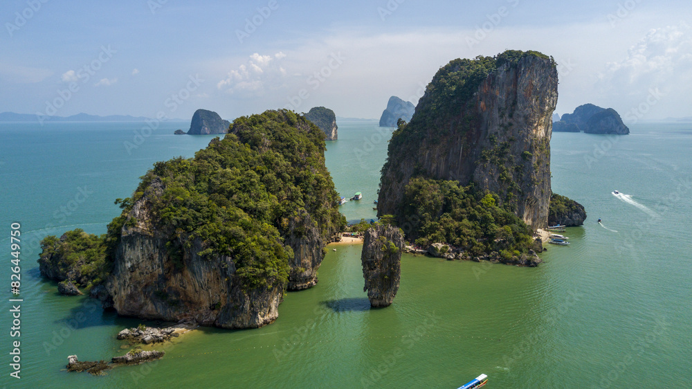 Aerial view of James Bond Island with boats, Takua Thung, Phang Nga, Thailand.
