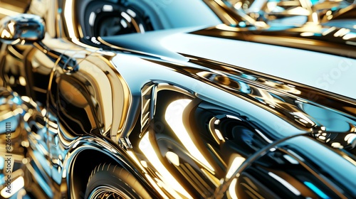 This is a close-up of a generic luxury car. The car is gold and has a shiny  reflective surface.