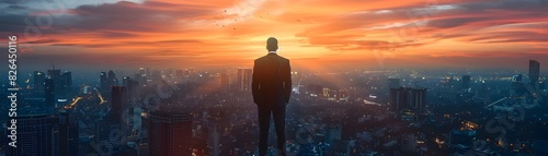 Visionary Corporate Leader Overlooking Expansive Cityscape at Dramatic Sunrise Contemplating Future Business Strategies and Opportunities for Growth © Thares2020