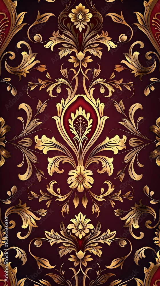 Elegant and Ornate Floral Damask Pattern with Shimmering Gold Accents on a Luxurious Burgundy Backdrop