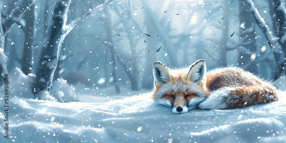 Slumbering Fox Nestled in Wintery Forest Sanctuary