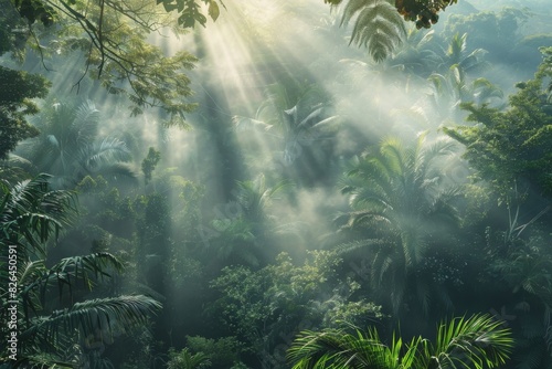 A majestic tropical forest  sunlight peeking through the canopy