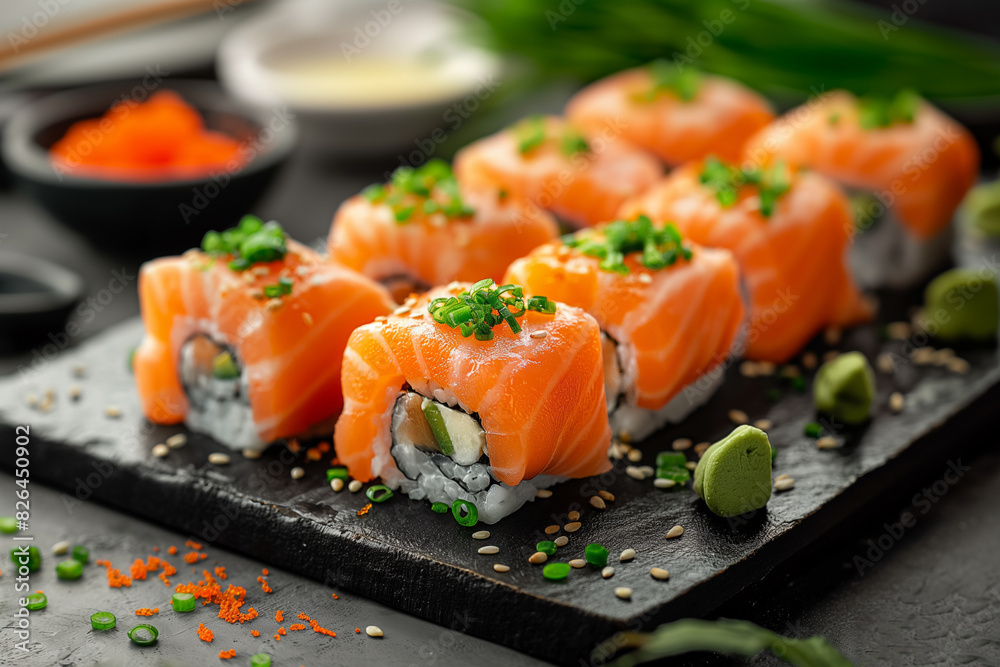 Sushi roll with salmon on the plate Sushi roll with salmon on the plate