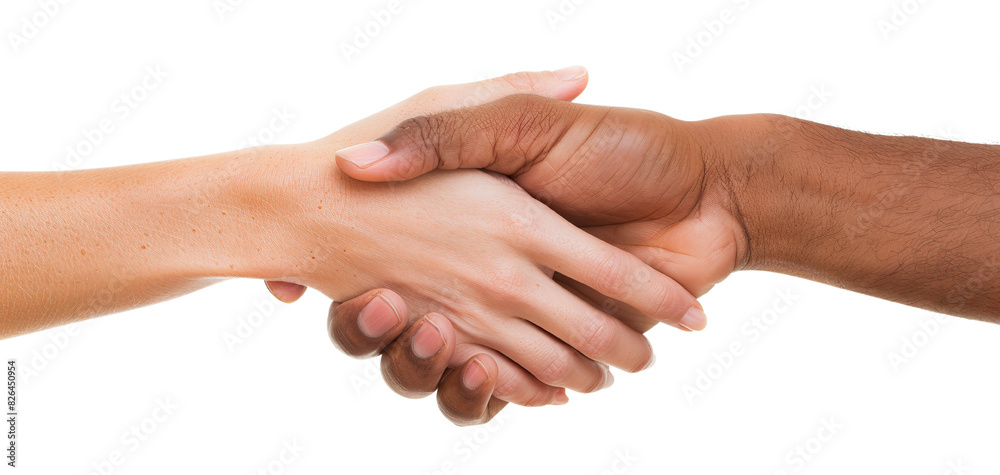 Close-up of a handshake between two people of different skin tones. Symbol of agreement, partnership, and diversity. Close-up of a handshake between two people of different skin tones. Symbol of agreement, partnership, and diversity.