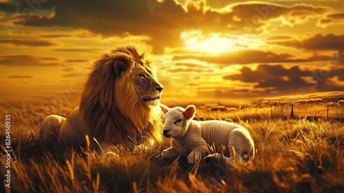 Lion and sheep in the field