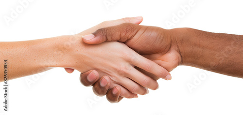 Close-up of a handshake between two people of different skin tones. Symbol of agreement, partnership, and diversity.