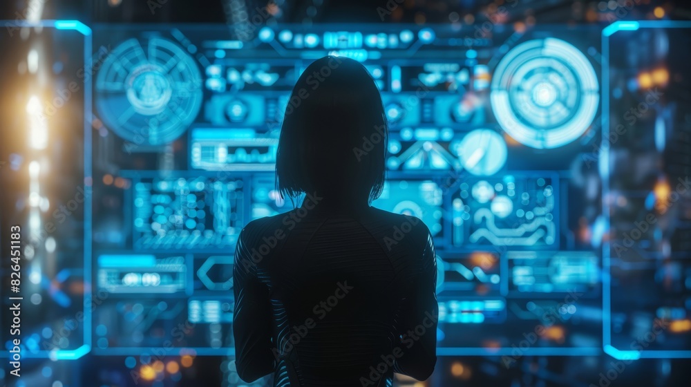 Silhouette of woman analyzing futuristic computer interface with data and holographic elements in a high-tech environment. Silhouette of woman analyzing futuristic computer interface with data and holographic elements in a high-tech environment.