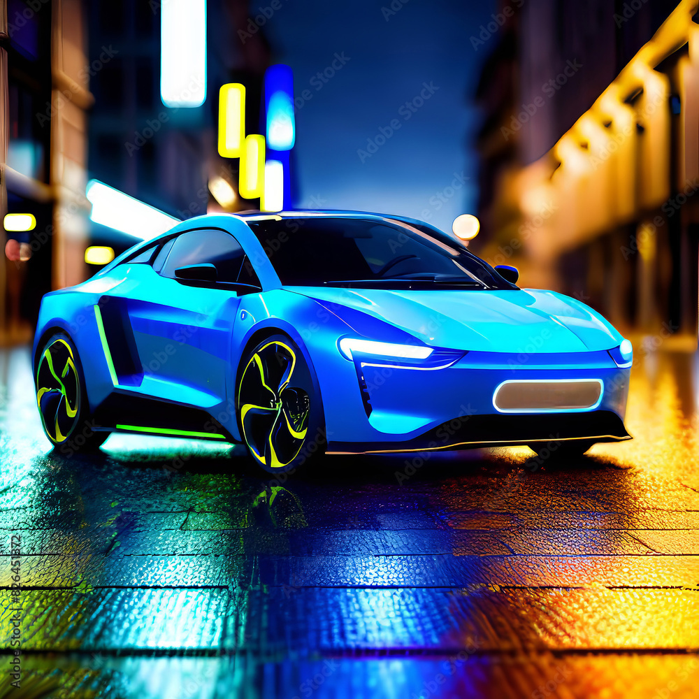 concept of a futuristic electric car of the future on a night city street, modern electric car,