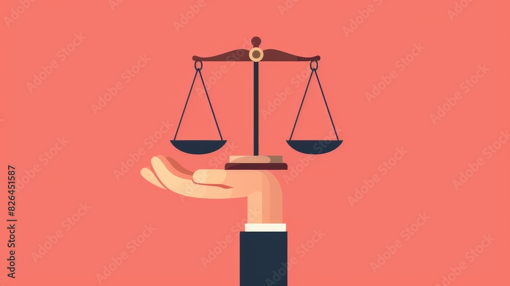 A justice scales illustration in 2D flat style, showing a pair of balanced scales held by a hand. The background is plain to keep the focus on the scales, symbolizing fairness and equality. The A justice scales illustration in 2D flat style, showing a pair of balanced scales held by a hand. The background is plain to keep the focus on the scales, symbolizing fairness and equality. The