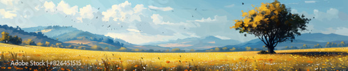 rapeseed field vast golden meadow with a single tree under a bright blue sky filled with fluffy white clouds. Generative ai vector illustration. Pop art comic book style imitation