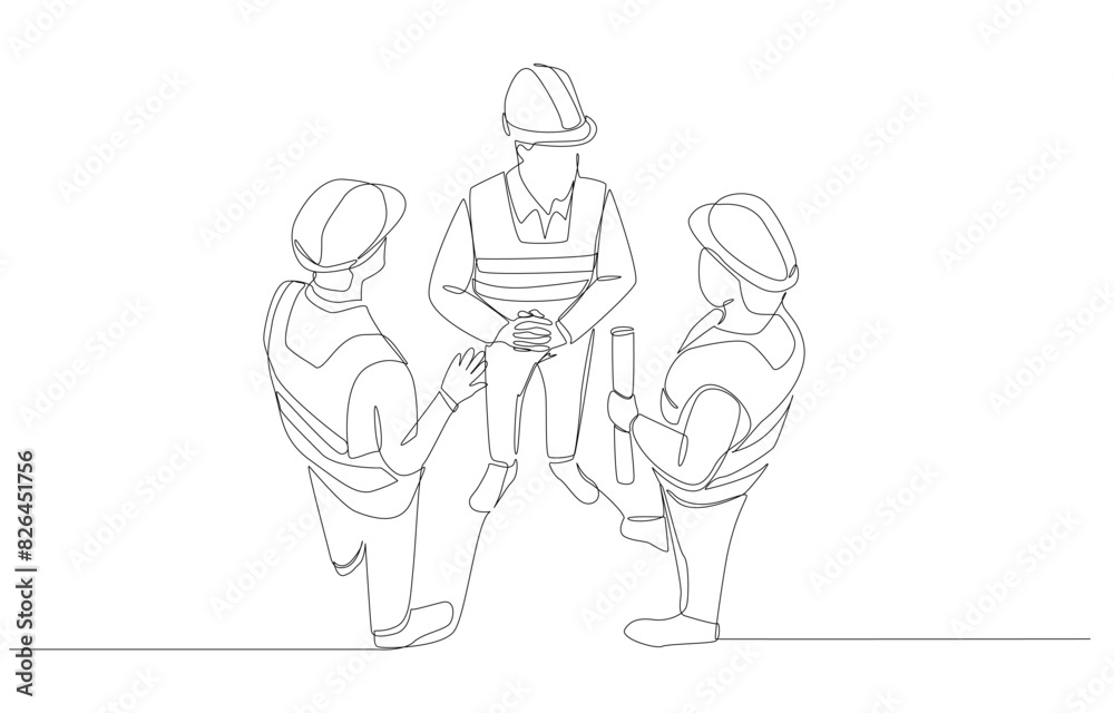 Continuous one line drawing of engineering team discussing construction project, construction related business concept, single line art.