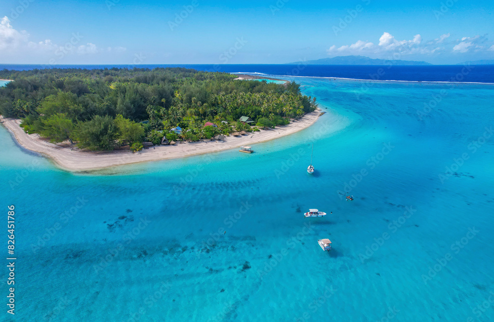 Aerial view of Bora Bora Lagoon with eagle rays, Taurere Point, French Polynesia. Aerial view of Bora Bora Lagoon with eagle rays, Taurere Point, French Polynesia.