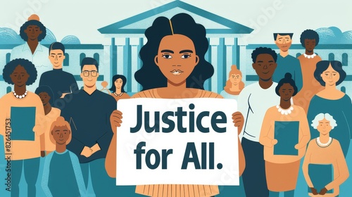 A justice advocate illustration in 2D flat style, featuring a character holding a sign that reads "Justice for All." The background includes elements like a courthouse and people advocating for © taelefoto