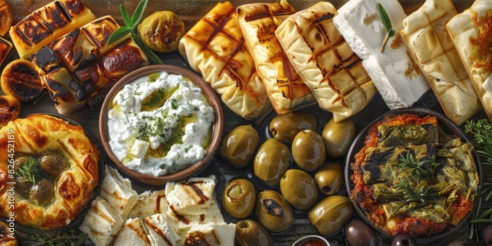 A mesmerizing depiction of a platter of assorted mezze, featuring dishes such as spanakopita, dolmades, and grilled halloumi cheese, served with olives and sauce. A mesmerizing depiction of a platter of assorted mezze, featuring dishes such as spanakopita, dolmades, and grilled halloumi cheese, served with olives and sauce.