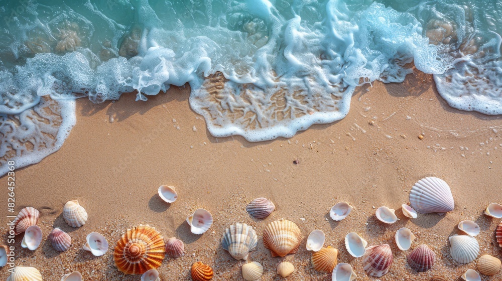 Seashell collection on sandy beach with waves Seashell collection on sandy beach with waves