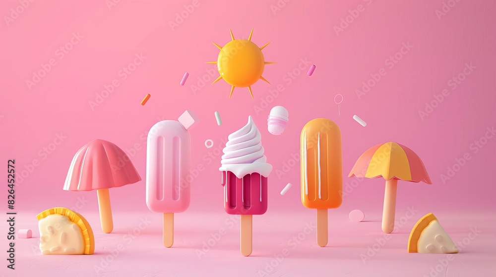 minimalist summer concept with bright inflatable ice creams and typographic elements on pink background digital illustration minimalist summer concept with bright inflatable ice creams and typographic elements on pink background digital illustration