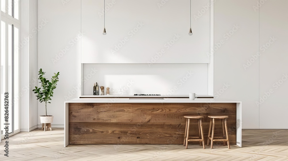 minimalist white kitchen interior with wooden bar island and cabinet ...