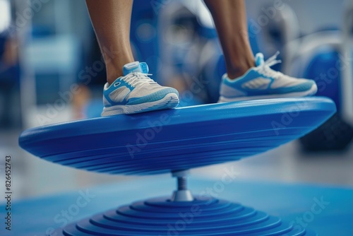 A person balancing on a blue wobble board in a physiotherapy clinic, improving stability and core strength