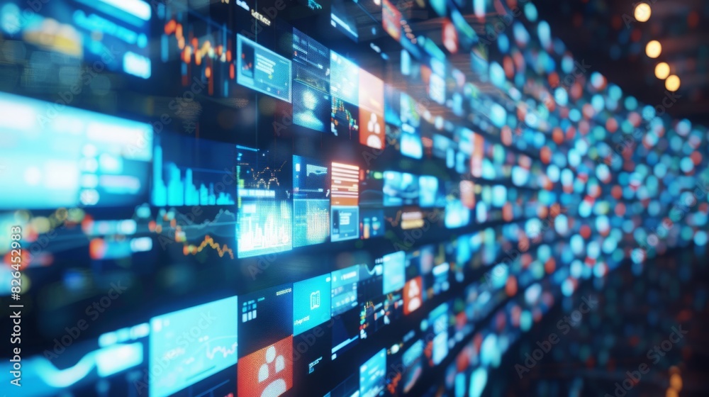 Multiple television screens filling a room, displaying various content. Multiple television screens filling a room, displaying various content.