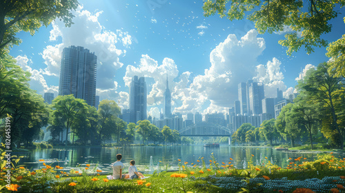 Immerse yourself in the outdoor leisure of an ideal family having a picnic in the city park  embracing the sunny day and lush surroundings  depicted through AI generative artistry.