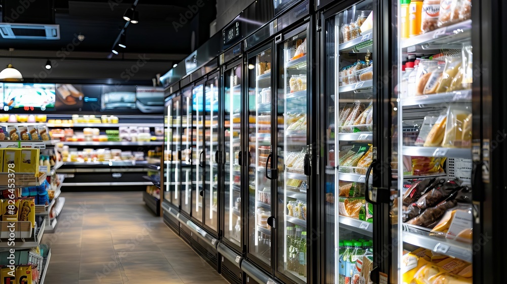 modern supermarket interior with fully stocked freezer section retail store photography