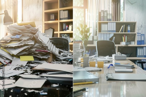 A split image showcasing a messy desk overflowing with papers and clutter compared to a clean and organized workspace promoting better time management photo