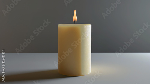 A beautiful lit candle on a white table against a gray background. The candle is unscented and has a burn time of 10 hours.