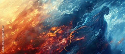 Mystical abstract art of fire and ice with a flowing figure, blending warm and cool colors in an ethereal, dynamic composition.
