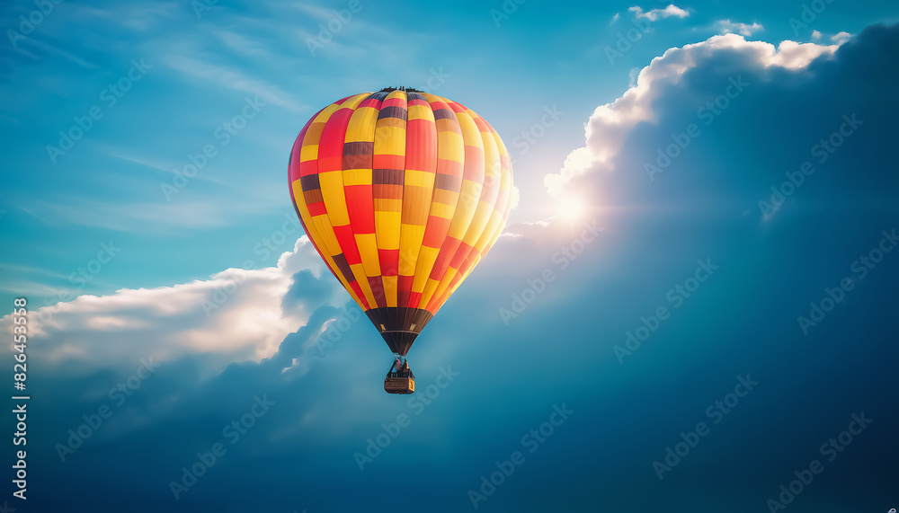 Naklejka premium Hot air balloon. Colored hot air balloon against the backdrop of the sun shining through the clouds