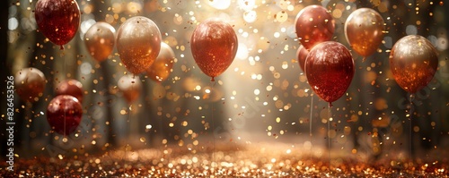 Glowing balloons and confetti celebration background