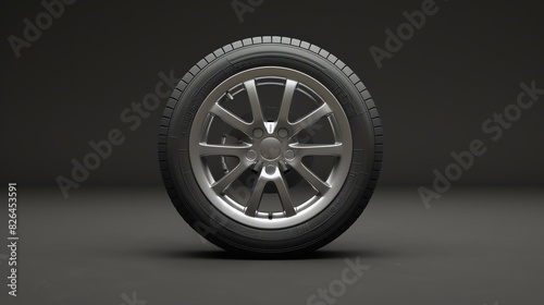 3D rendering of a single car wheel with a shiny silver rim and black rubber tire. The wheel is isolated on a dark gray background. © Nijat