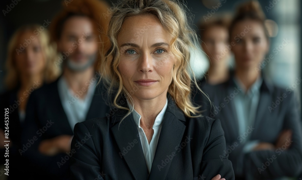 Confident CEO and her business team in the office looking at camera Confident CEO and her business team in the office looking at camera