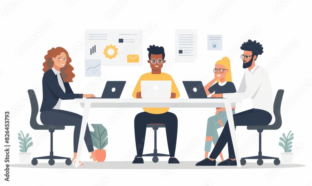 Diverse team of business people collaborating on a project plan at an office desk, using a laptop to share ideas and strategies Diverse team of business people collaborating on a project plan at an office desk, using a laptop to share ideas and strategies