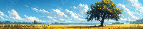 rapeseed field vast golden meadow with a single tree under a bright blue sky filled with fluffy white clouds. Generative ai vector illustration. Pop art comic book style imitation