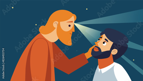 A students face lights up as they add the finishing touches to their drawing of Jesus healing the blind man found in Mark 82226.. Vector illustration
