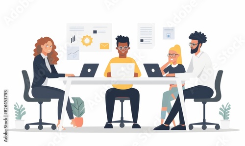 Diverse team of business people collaborating on a project plan at an office desk, using a laptop to share ideas and strategies