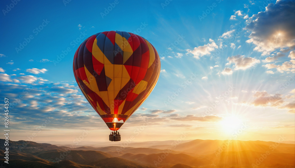 Obraz premium Hot air balloon. A colorful balloon flies over a mountain valley at sunset