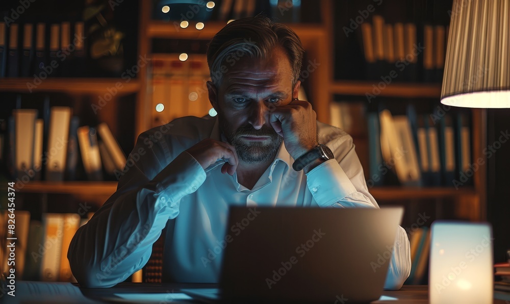 Pensive businessman reading e-mail on laptop while working in office Pensive businessman reading e-mail on laptop while working in office